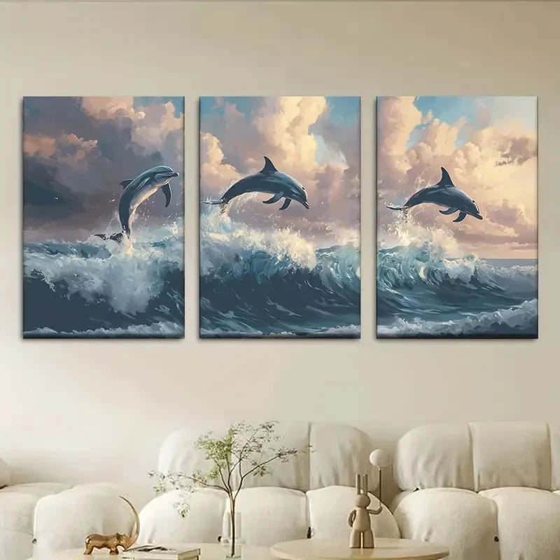 3pcs Ocean Dolphins Jumping in Sea Metal Print Ready to Hang Art
