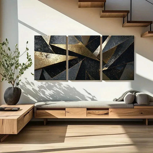 3pcs Abstract Golden Black Geometric Art Metal Print Ready to Hang Art