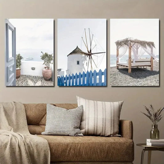 3pcs Greece Coast Santorini Island Mediterranean Metal Print Ready to Hang Art