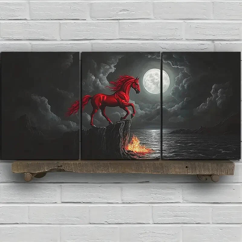 3pcs Red Horse Jumping Under The Moonlight Metal Print Ready to Hang Art