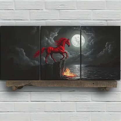 3pcs Red Horse Jumping Under The Moonlight Metal Print Ready to Hang Art