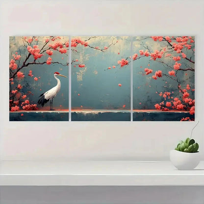 3pcs Japanese Cherry Blossoms & Crane Metal Print Ready to Hang Art