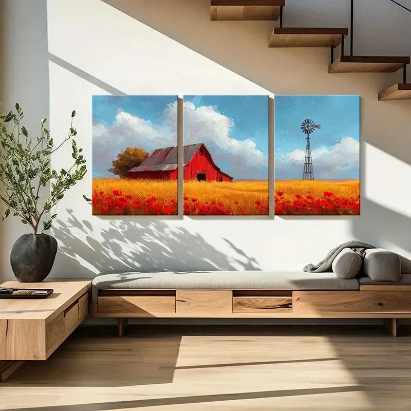 3pcs Windmill Golden Field Poppy Flowers Metal Print Ready to Hang Art