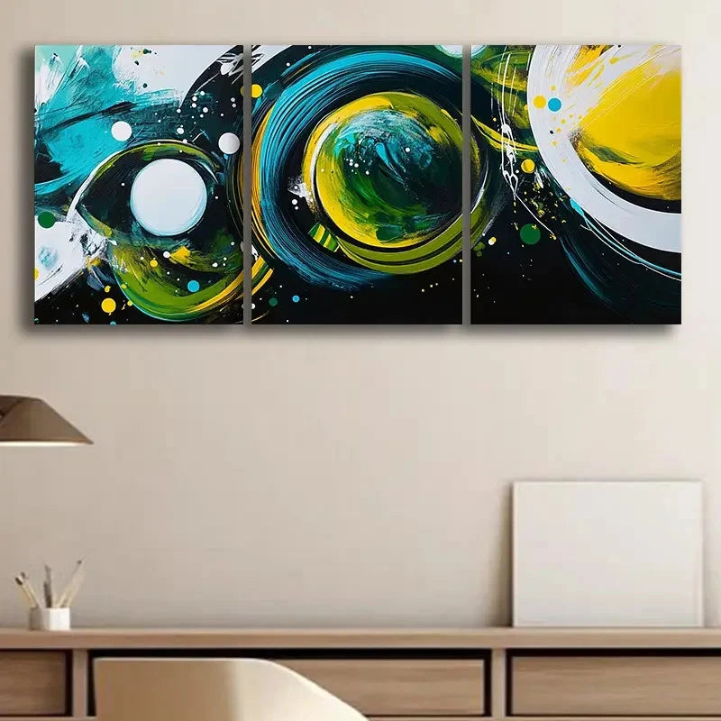 3pcs Festival Green Bubble Abstract Painting Metal Print Ready to Hang Art