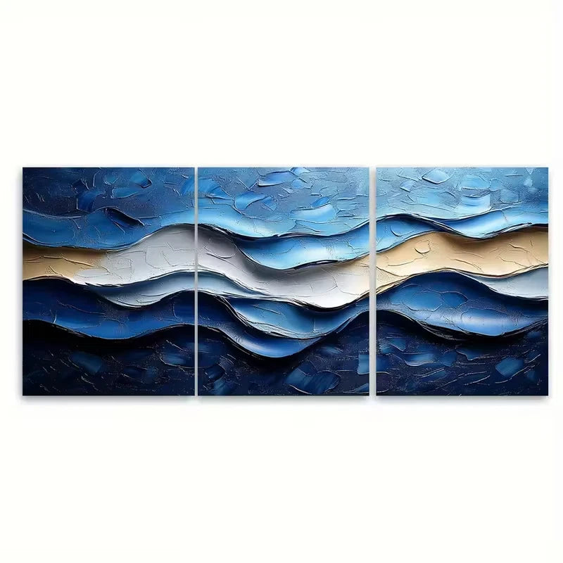 3pcs Wavy Blue and White Abstract Metal Print Ready to Hang Art