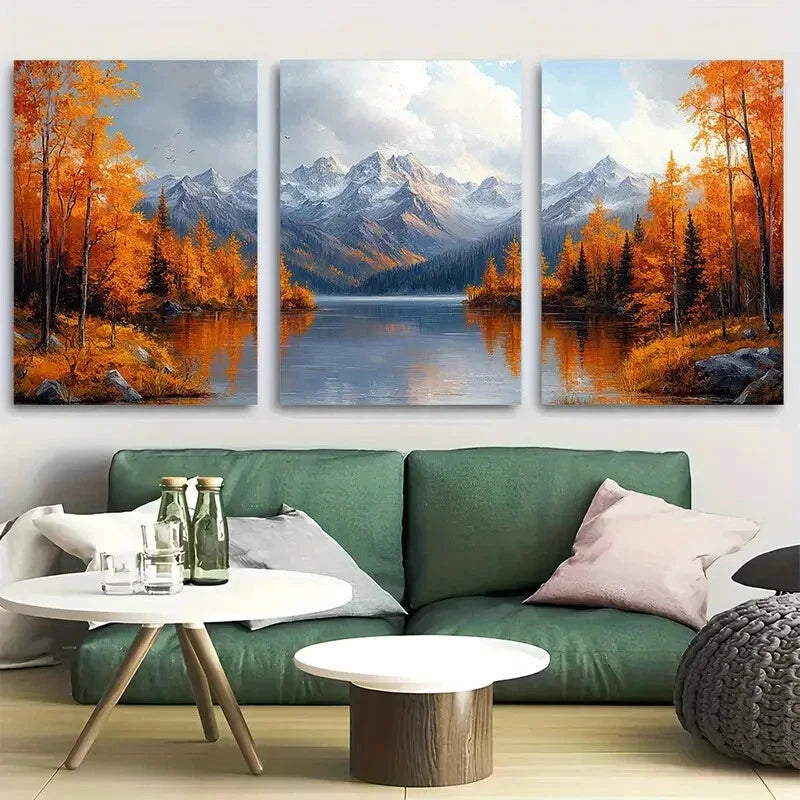 3pcs Fall Mountains Mountain Lake Design Metal Print Ready to Hang Art