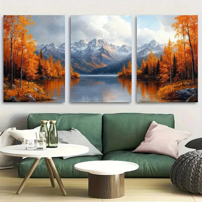 3pcs Fall Mountains Mountain Lake Design Metal Print Ready to Hang Art