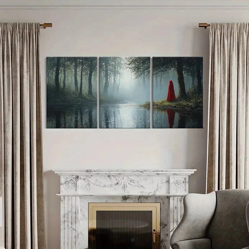 3pcs Red Cloak Figure Mysterious Atmosphere Metal Print Ready to Hang Art