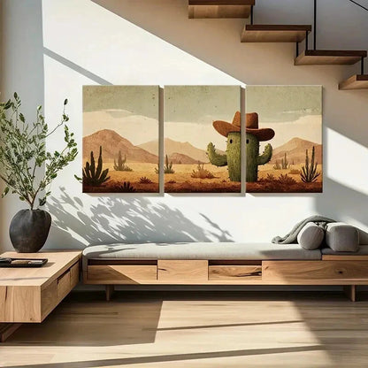 3pcs Desert Landscape Cowboy Hat Cactus Mountain Metal Print Ready to Hang Art