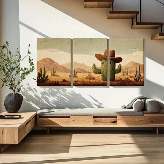 3pcs Desert Landscape Cowboy Hat Cactus Mountain Metal Print Ready to Hang Art