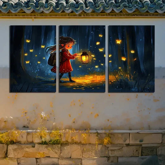 3pcs Girl in the forest with Lamp, Fireflies View Metal Print Ready to Hang Art