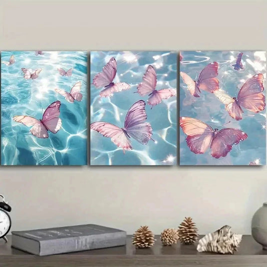 3pcs Featuring Multiple Pink Butterflies Wall Art Set Canvas Framed 40x60cm - High Quality Print 100% Australian Made Wall Canvas Ready to Hang