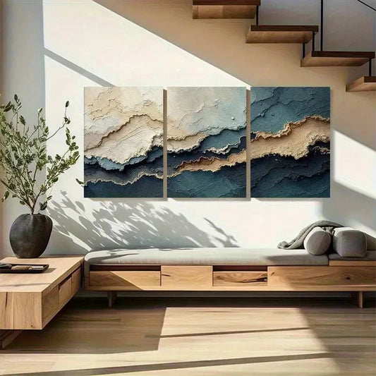 3pcs Ocean Abstract Brown Sky Blue & Navy Metal Print Ready to Hang Art