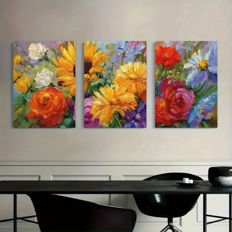 3pcs Retro Art Painting of Colorful Flower Metal Print Ready to Hang Art