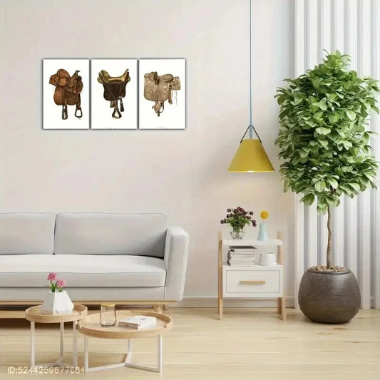 3pcs Horse Riding Saddle Saddle Decoration Metal Print Ready to Hang Art