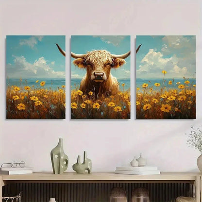 3pcs Rustic Highland Cow & Dandelions Decor Metal Print Ready to Hang Art