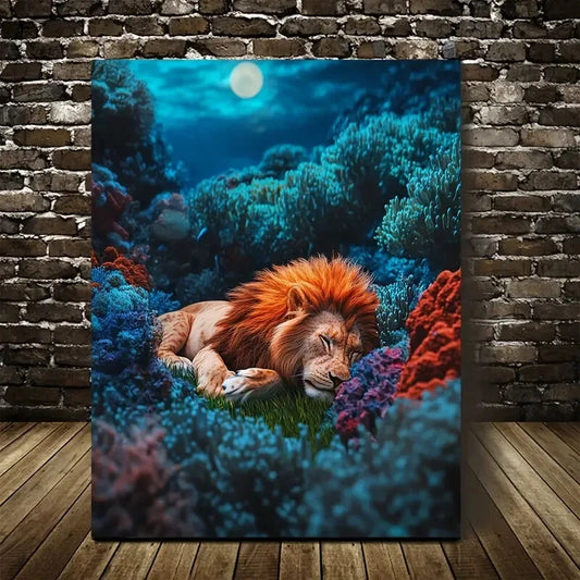 Surreal Lion Rolling on Grass Underwater Coral 40x60cm Metal Print Ready to Hang