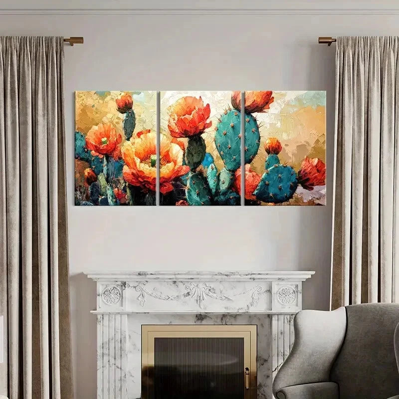 3pcs Cactus Bloom Abstract Floral Design Metal Print Ready to Hang Art