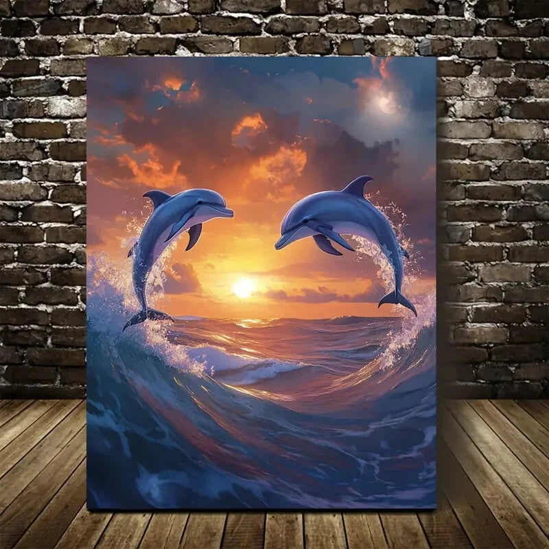 Dolphins Leaping in Sunset Ocean Scene 40x60cm Metal Print Ready to Hang