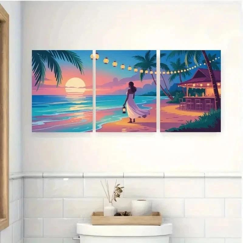 3pcs Palm Trees String Lights Beach Sunset Metal Print Ready to Hang Art