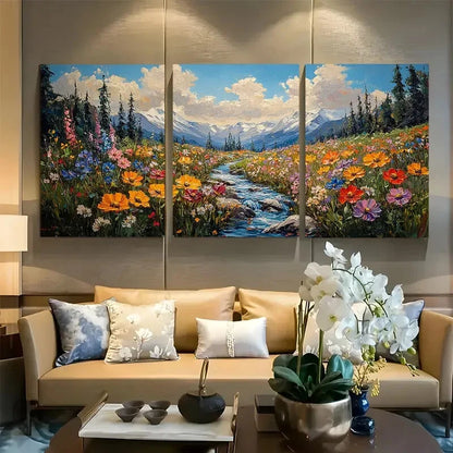 3pcs Wildflower Meadow Stream Scene Metal Print Ready to Hang Art