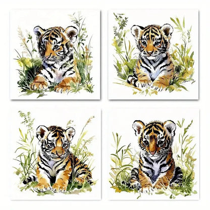 4pcs Cute Tiger Cub Watercolor Wall Art Canvas Framed