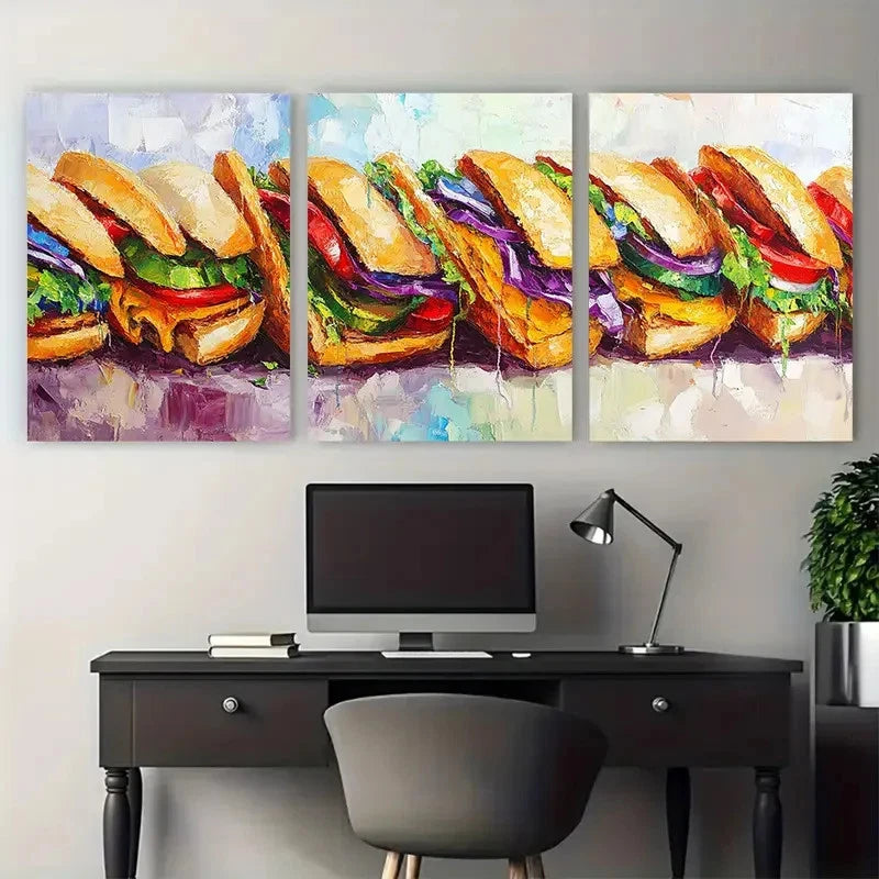 3pcs Sandwich Whimsical Lunch  Colorful Food Metal Print Ready to Hang Art