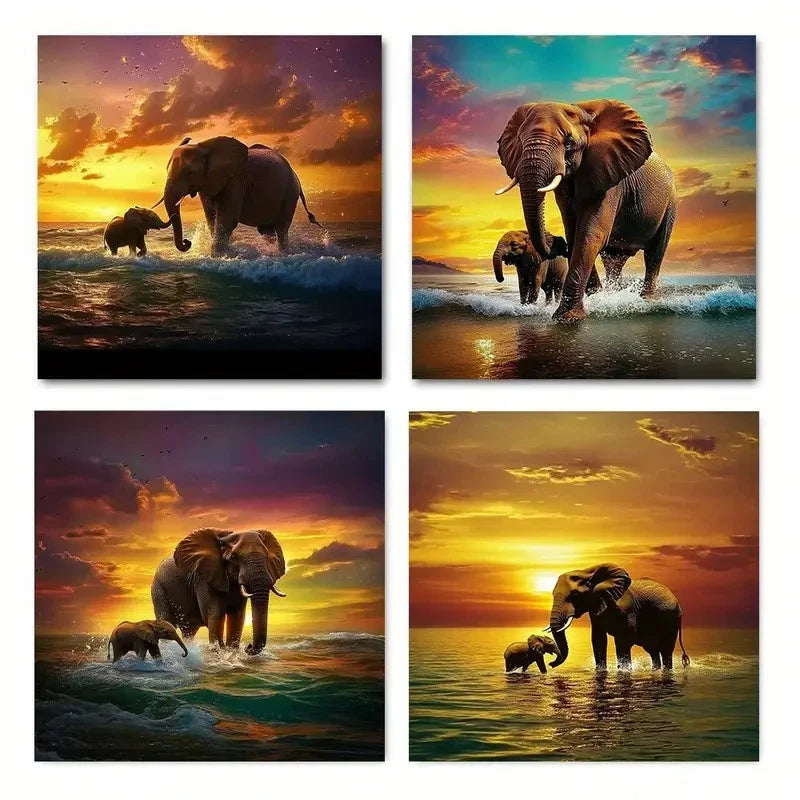 4pcs Animals Elephant Herd Modern Wall Art Canvas Framed