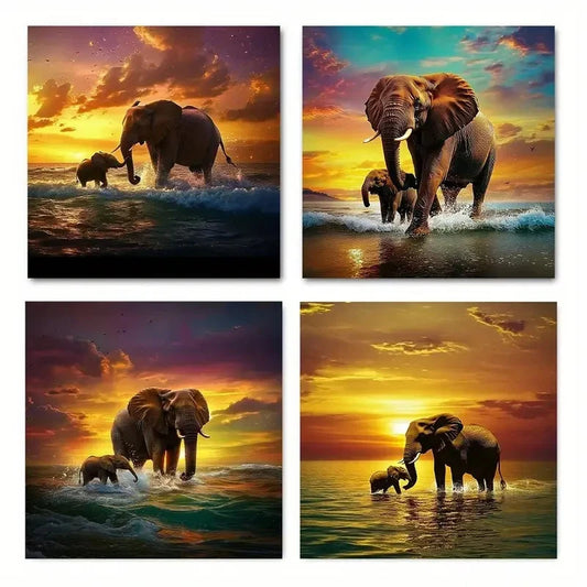 4pcs Animals Elephant Herd Modern Wall Art Canvas Framed