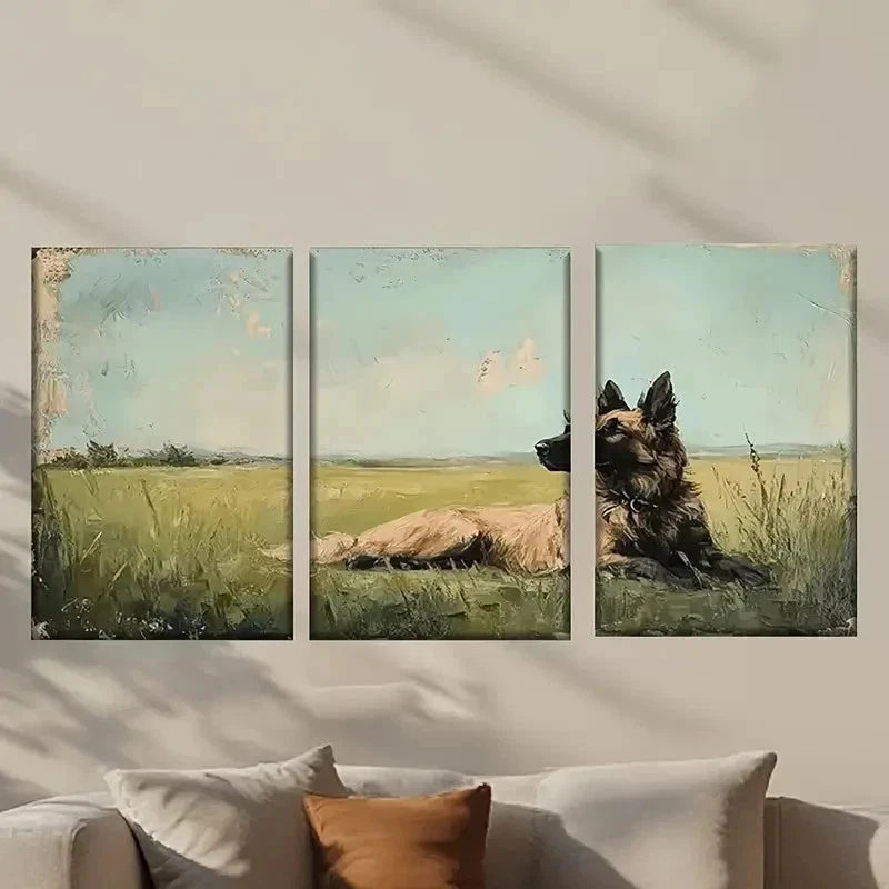 3pcs Painting of a Dog Laying in a Field Wall Art Set Canvas Framed 40x60cm - High Quality Print 100% Australian Made Wall Canvas Ready to Hang