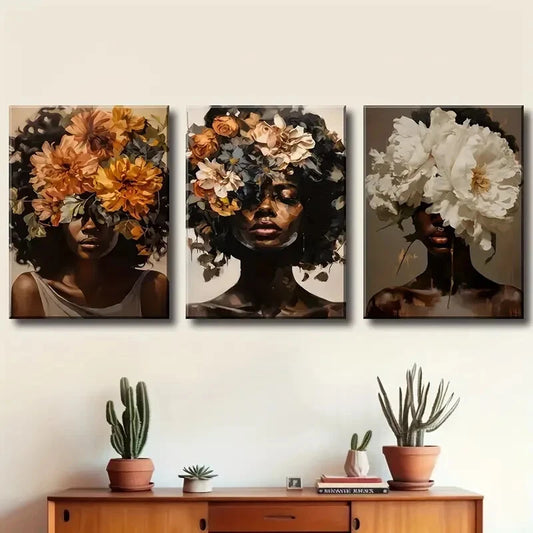 3pcs African American Women with HeaddressesFloral Metal Print Ready to Hang Art