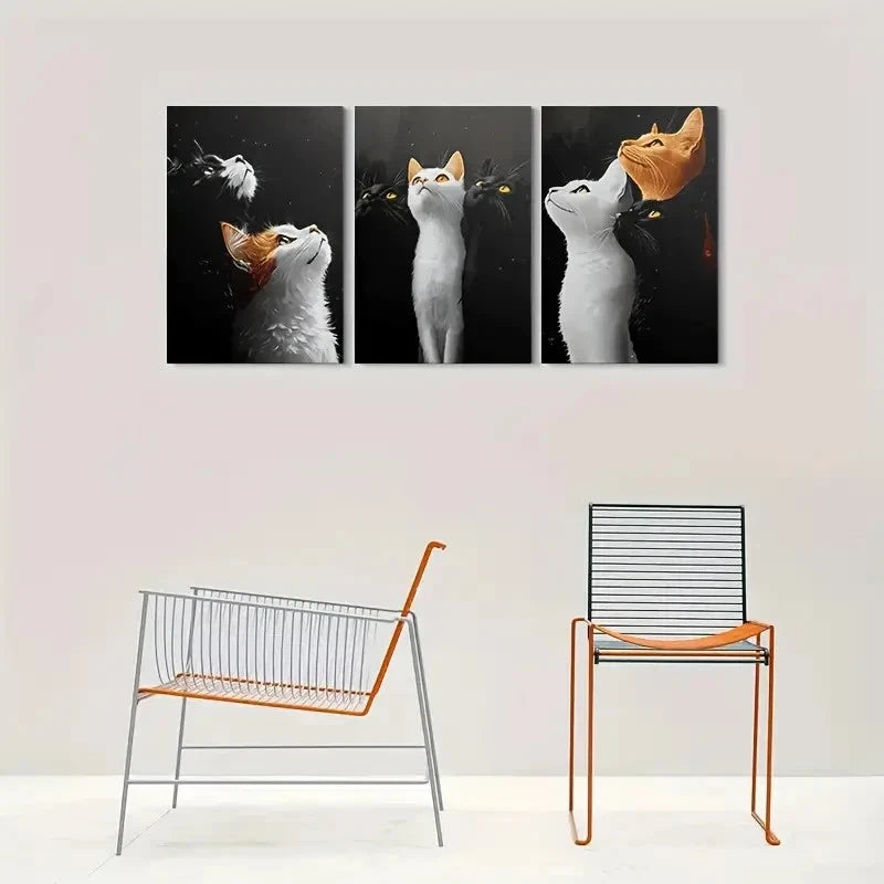3pcs Whimsical Cat Playful Feline Designs Metal Print Ready to Hang Art