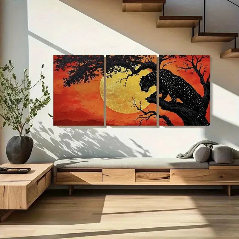 3pcs Bold Sunset Black Leopard and Silhouetted Metal Print Ready to Hang Art