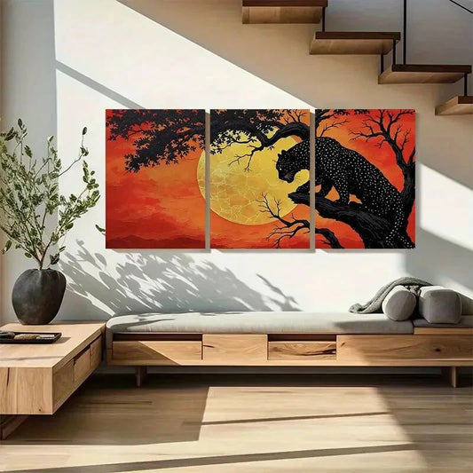 3pcs Bold Sunset Black Leopard and Silhouetted Metal Print Ready to Hang Art