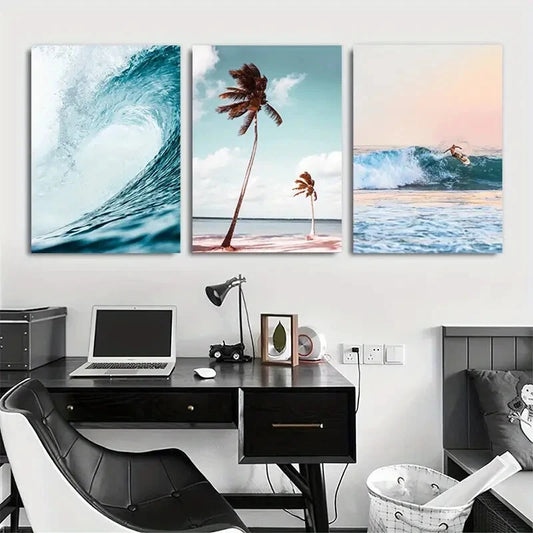 3pcs Set Beach Surfing Speed Wave Beach Metal Print Ready to Hang Art