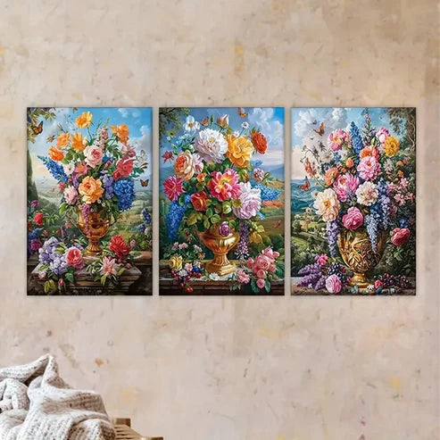 3pcs flowers in vases on table Wall Art Set Canvas Unframed - High Quality Print 100% Australian Made Wall Canvas - Bella Home Decor