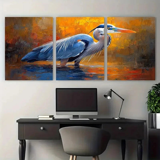 3pcs Great Blue Heron Birds Illustration in Water Metal Print Ready to Hang Art
