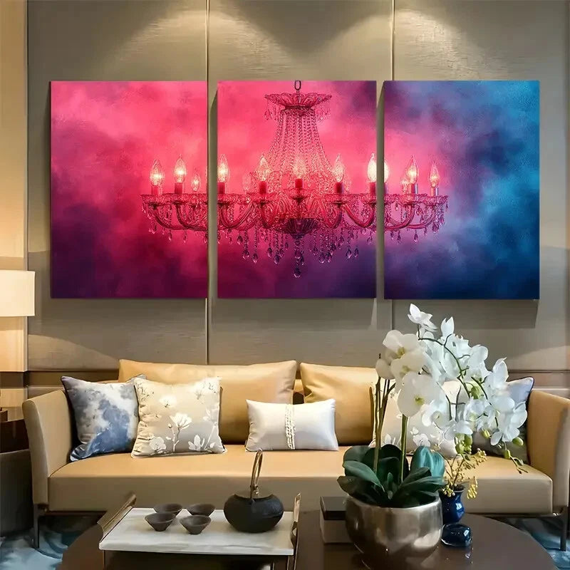 3pcs Crystal Chandelier Elegant Pink Abstract Metal Print Ready to Hang Art