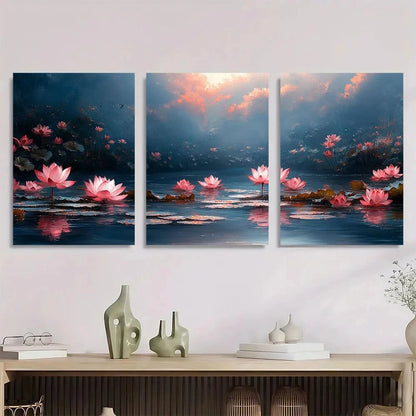 3pcs Pink Flowers On River Sunset Metal Print Ready to Hang Art
