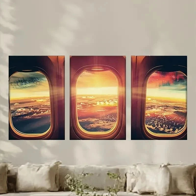 3pcs Aviation-Themed Triptych with Sunset Metal Print Ready to Hang Art