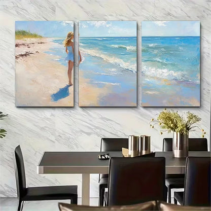 3pcs Woman on the Beach Painting Metal Print Ready to Hang Art