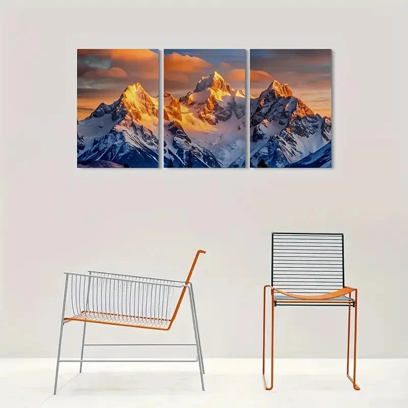 3pcs Golden Sunset Mountain Painting Metal Print Ready to Hang Art