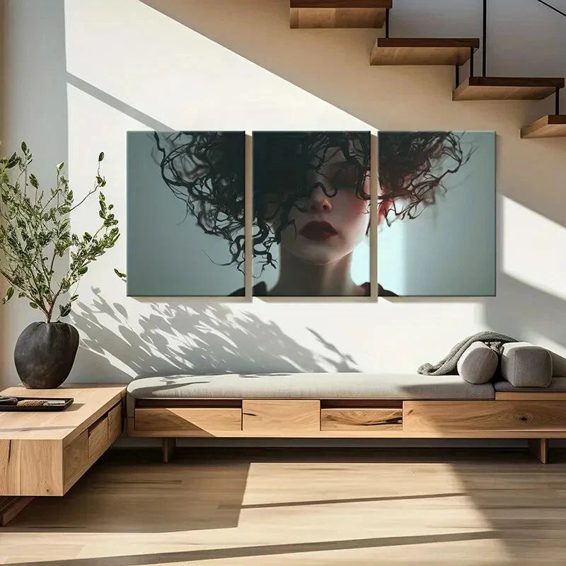 3pcs Woman Face Curly Hair Red Lips Metal Print Ready to Hang Art