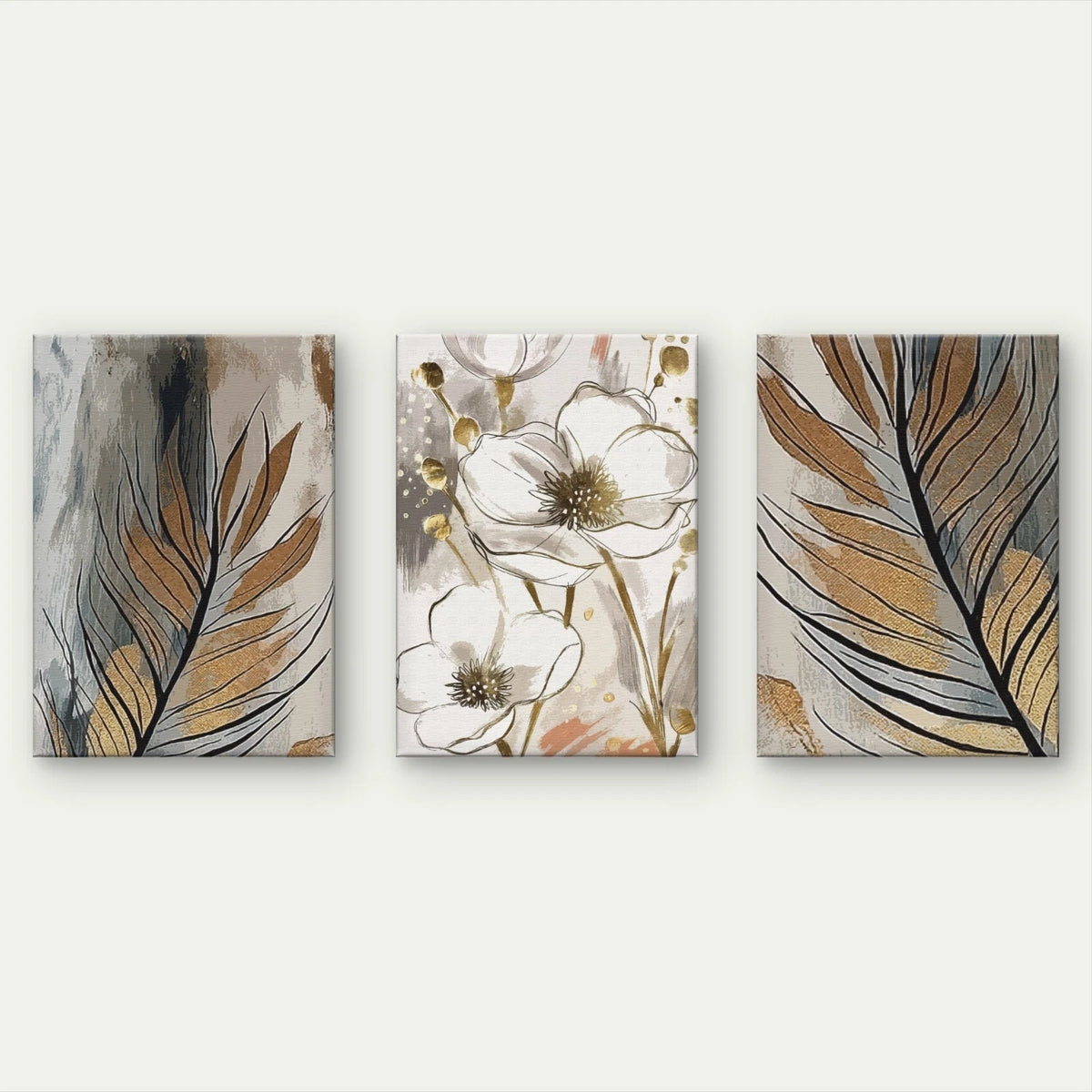 3pcs Modern Abstract White Floral and Feathers Wall Art Set Canvas Framed 40x60cm - High Quality Print 100% Australian Made Wall Canvas Ready to Hang