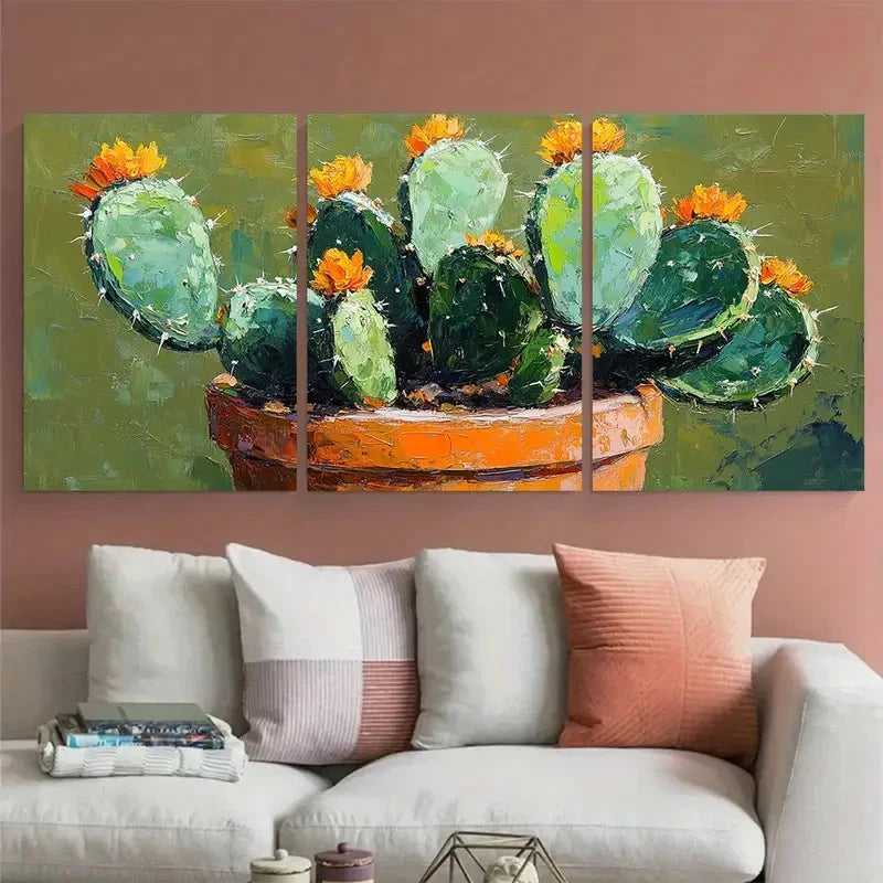 3pcs Garden Cacti in a Pot Mexican Illustration Wall Art Set Canvas Framed 60x90cm - High Quality Print 100% Australian Made Wall Canvas Ready to Hang