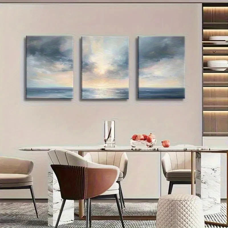 3pcs Ocean Sunset Soft Sky & Landmark Design Metal Print Ready to Hang Art