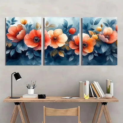 3pcs Vibrant Orange & Blue Flower Metal Print Ready to Hang Art