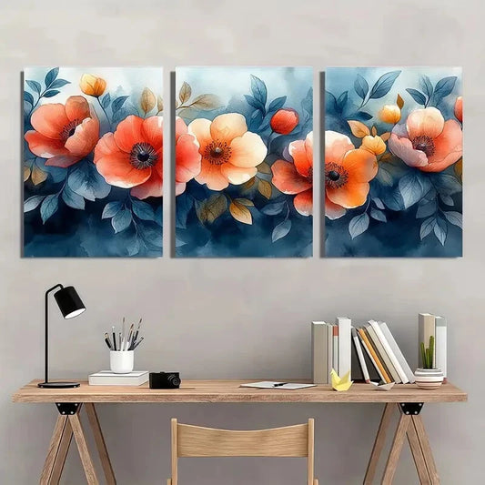 3pcs Vibrant Orange & Blue Flower Metal Print Ready to Hang Art