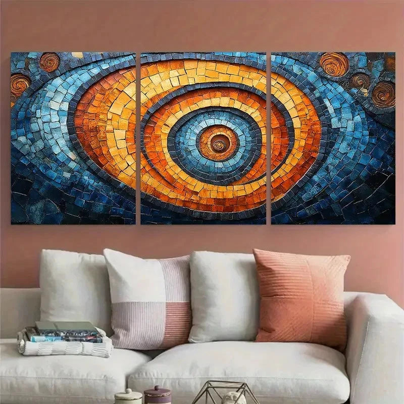 3pcs Vibrant Blue Orange Abstract Spiral Mosaic Metal Print Ready to Hang Art