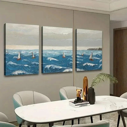 3pcs Seascape Ocean Waves & Sailboats Print Wall Art Set Canvas Framed 40x60cm - High Quality Print 100% Australian Made Wall Canvas Ready to Hang